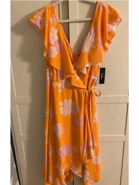 Lulu's Orange Floral Wrap Dress with Pink & White Blooms NWT